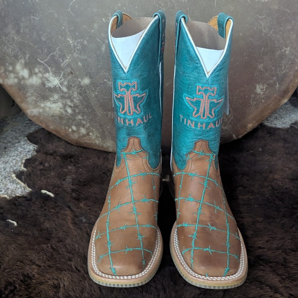 TIN HAUL "Barb'd Wire" turquoise & brown leather square toe cowgirl boots sz 7.5 - Picture 8 of 16